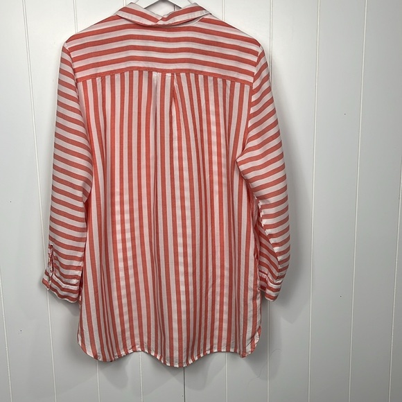 Chico’s Womens Tunic 3 Orange White Splice Stripes Button Up Button Cuff Pockets - Picture 10 of 14